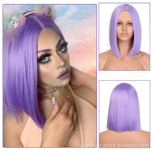 Wholesale  Bob Wigs for Women Purple Middle Part Straight Hair Heat Resistant Synthetic Wig Pastel Cosplay Costume Wig Bangs